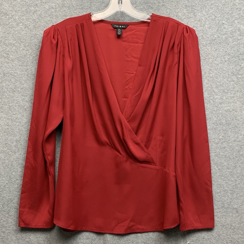 Tribal‎ Womens Drape Front Top Size Large Red Long Sleeve Corpcore Career
